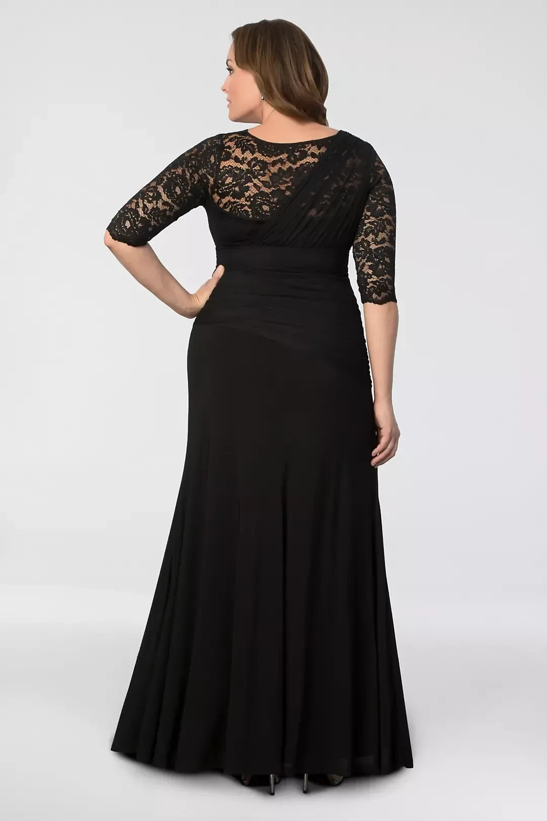 Plus Size Regal Mermaid V Neck Three Quarter Sleeve Lace Back Floor Length Mother of the Bride Dress