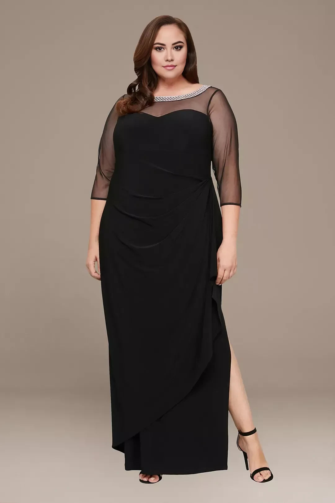 Plus Size Regal Sheath Illusion Neck Three Quarter Sleeve Beaded Back Floor Length Mother of the Bride Dress