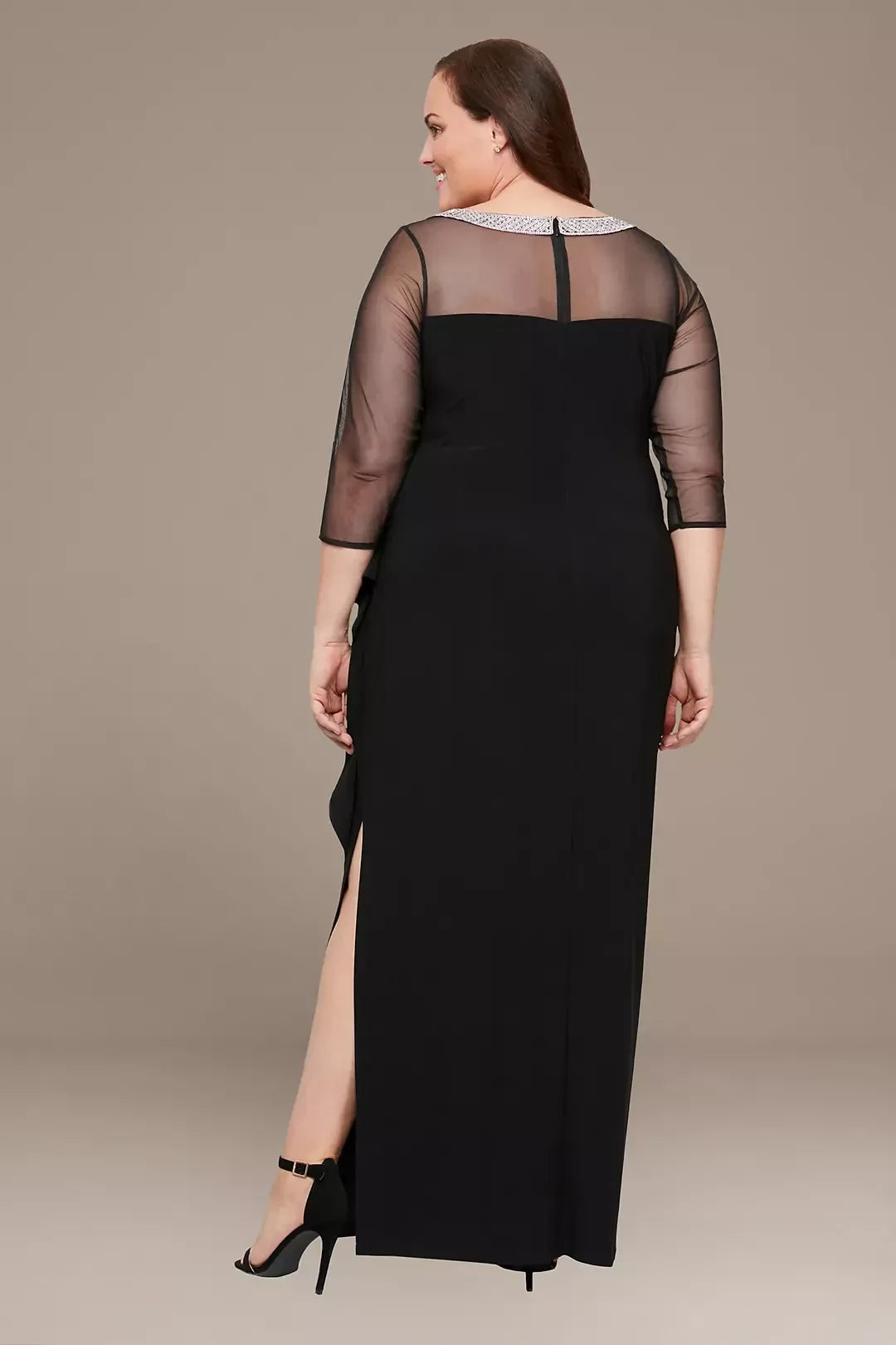 Plus Size Regal Sheath Illusion Neck Three Quarter Sleeve Beaded Back Floor Length Mother of the Bride Dress