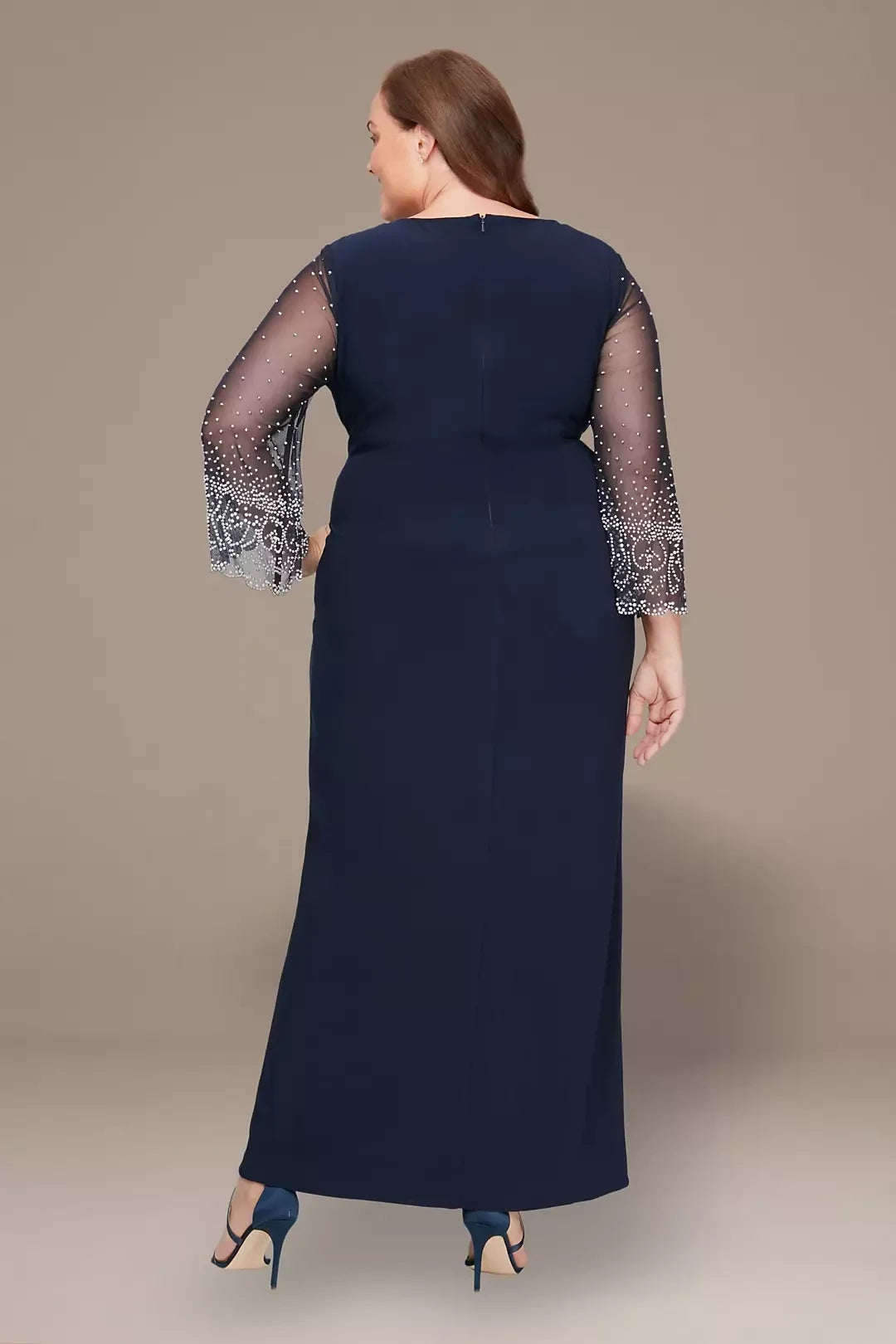 Plus Size Regal Sheath V Neck Beaded Illusion Sleeve Zipper Back Floor Length Mother of the Bride Dress