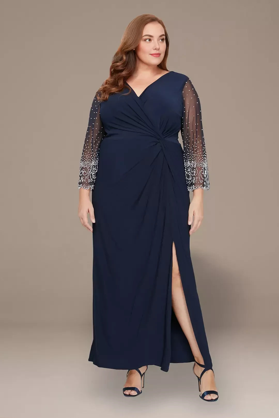 Plus Size Regal Sheath V Neck Beaded Illusion Sleeve Zipper Back Floor Length Mother of the Bride Dress