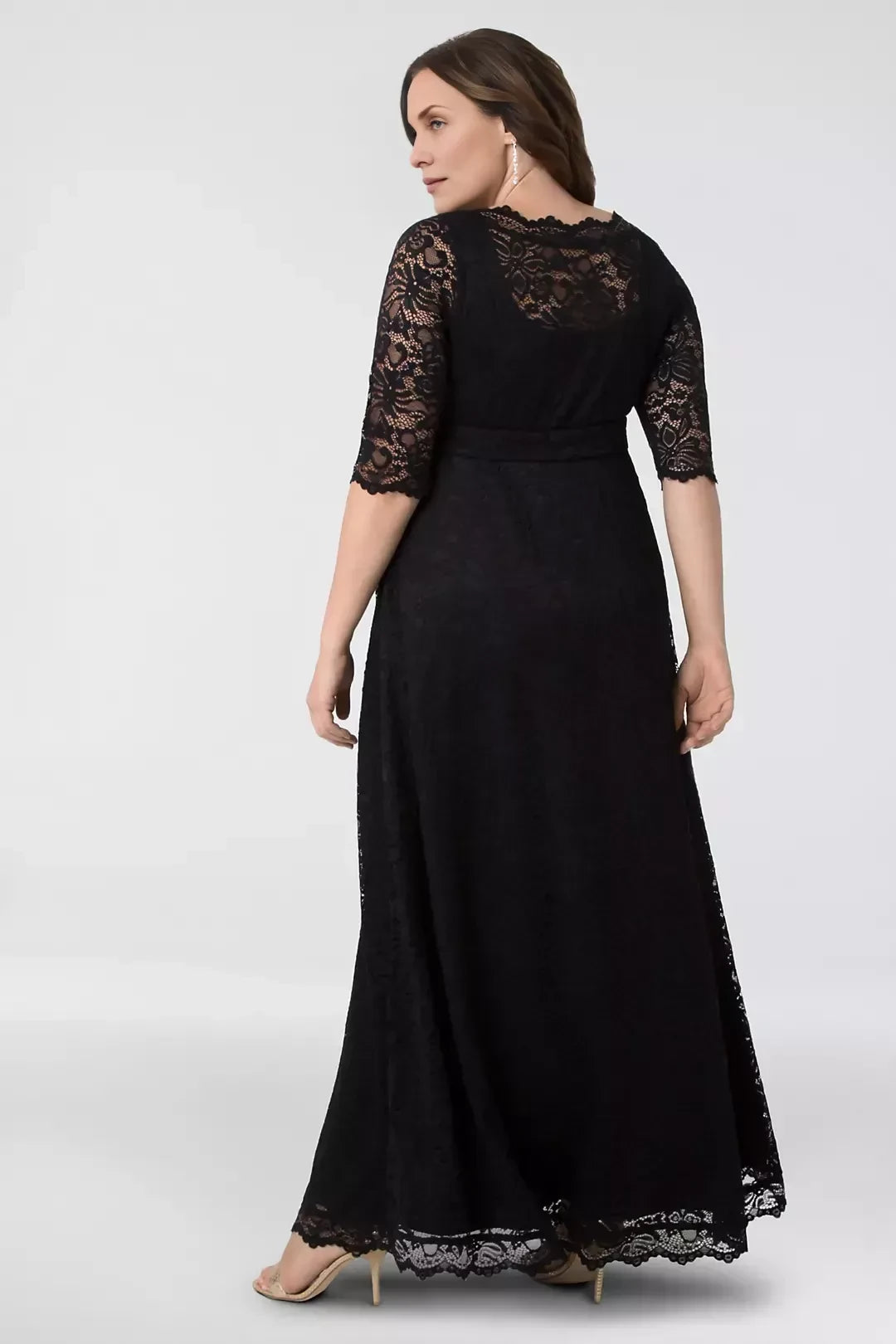 Plus Size Sophisticated A Line Crew Neck Three Quarter Sleeve Lace Back Floor Length Mother of the Bride Dress