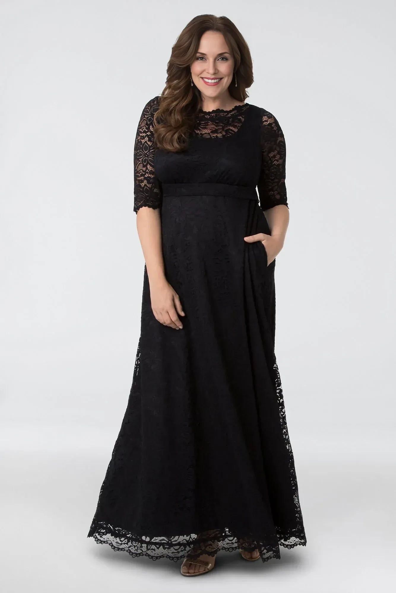 Plus Size Sophisticated A Line Crew Neck Three Quarter Sleeve Lace Back Floor Length Mother of the Bride Dress