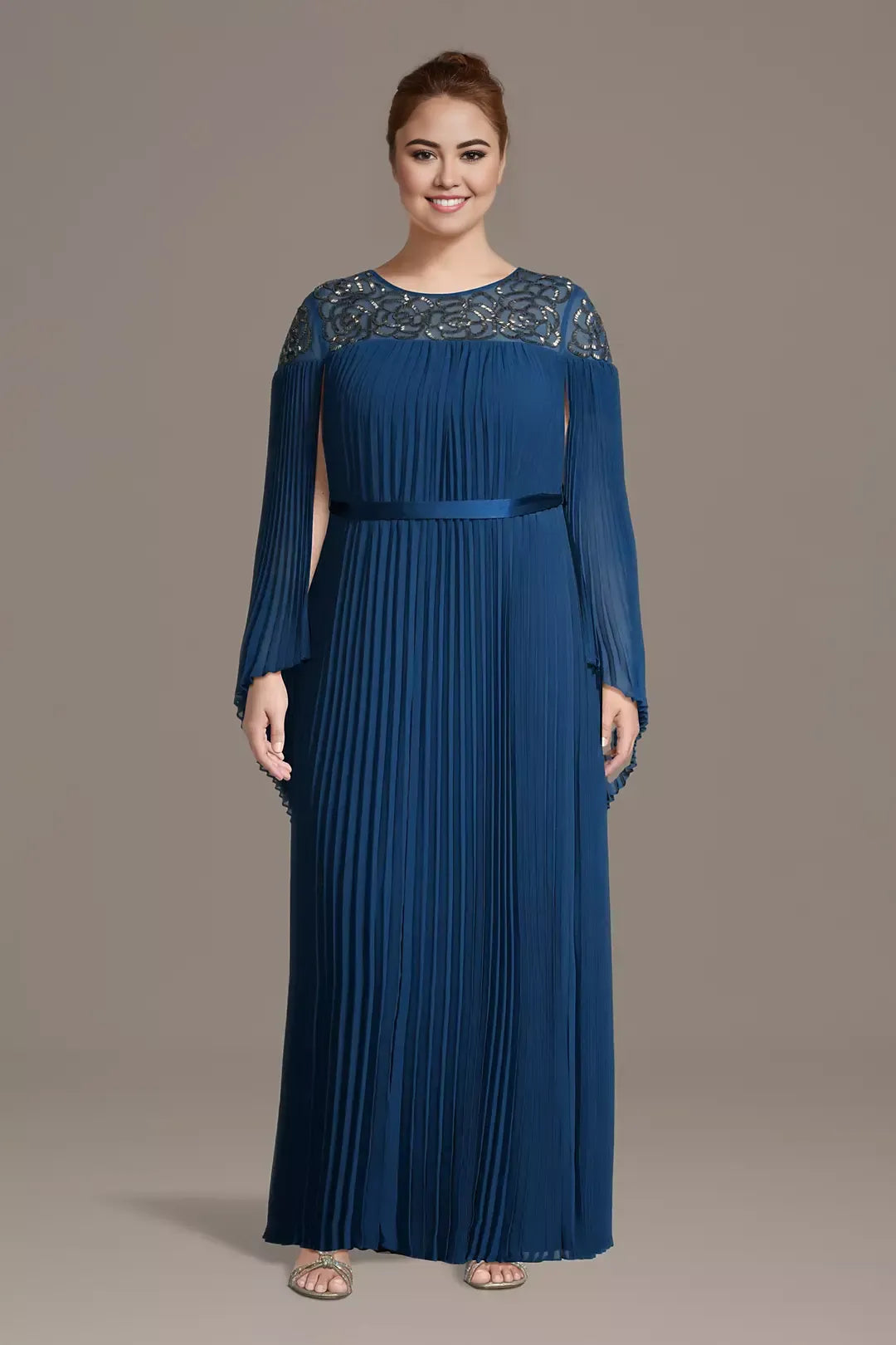 Plus Size Splendid A Line Round Neck Cape Sleeve Tied Back Floor Length Mother of the Bride Dress