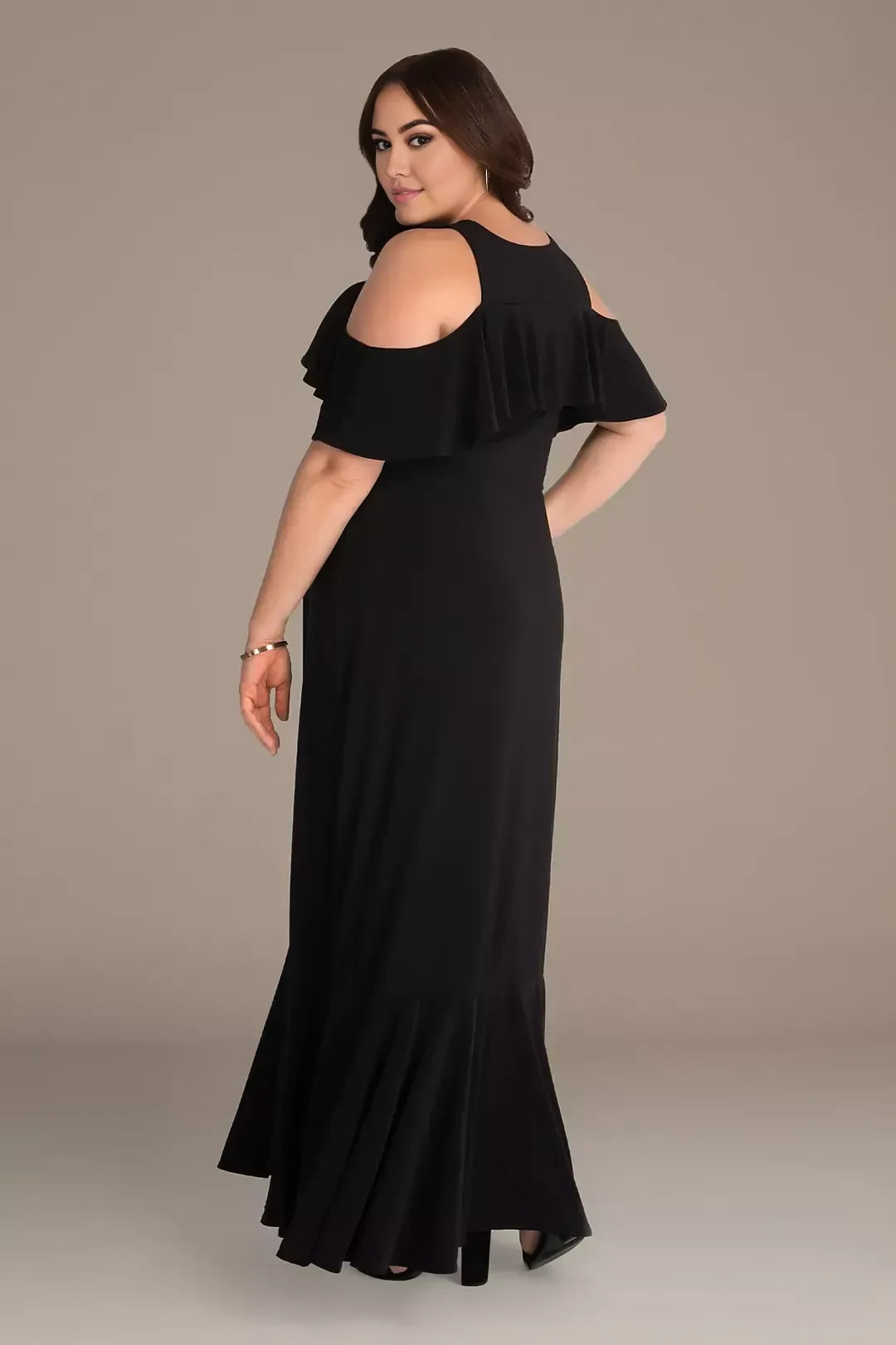 Plus Size Stylish A Line Cold Shoulder Ruffle Sleeve Plain Back Floor Length Mother of the Bride Dress