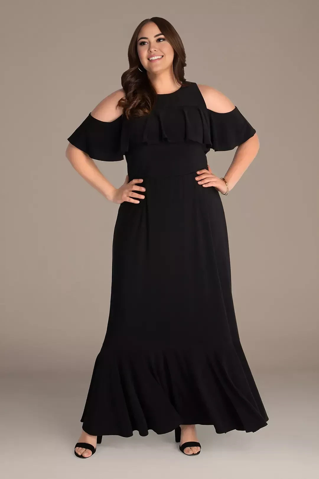 Plus Size Stylish A Line Cold Shoulder Ruffle Sleeve Plain Back Floor Length Mother of the Bride Dress