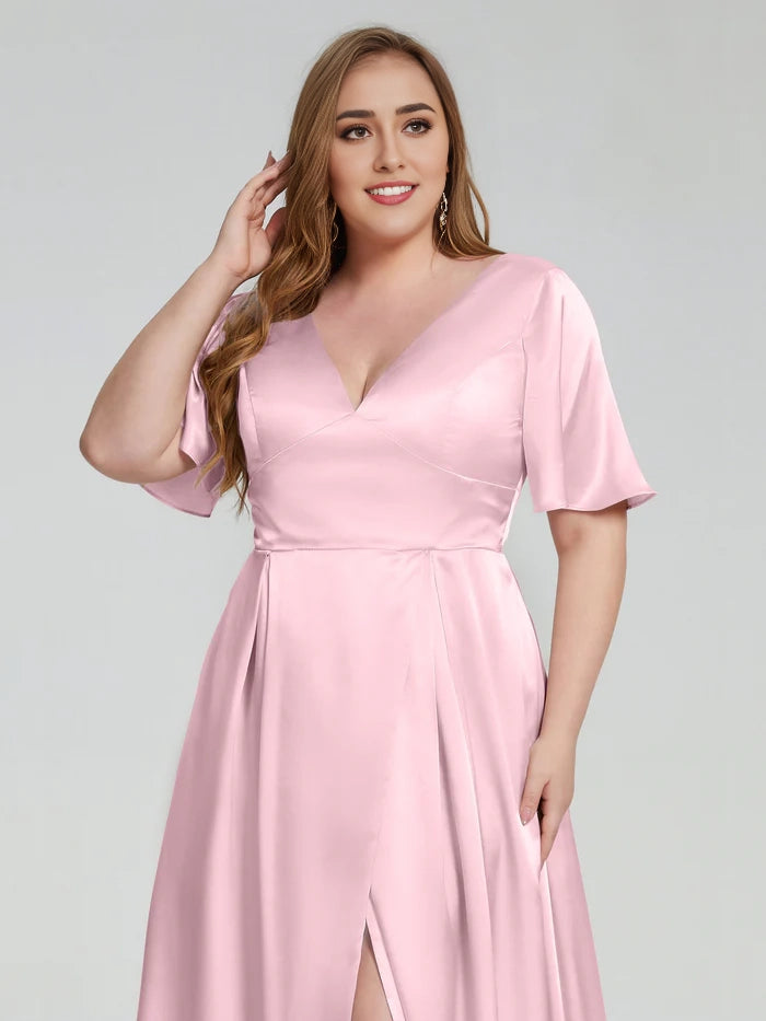 Plus Size Soft Satin Bridesmaid Dresses with Sleeves simple gentle atmospheric and unique desi Bring summer colors to enhance whiteness