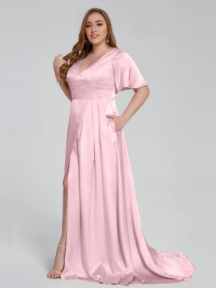 Plus Size Soft Satin Bridesmaid Dresses with Sleeves simple gentle atmospheric and unique desi Bring summer colors to enhance whiteness