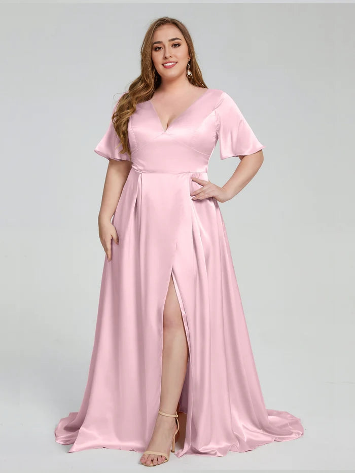 Plus Size Soft Satin Bridesmaid Dresses with Sleeves simple gentle atmospheric and unique desi Bring summer colors to enhance whiteness