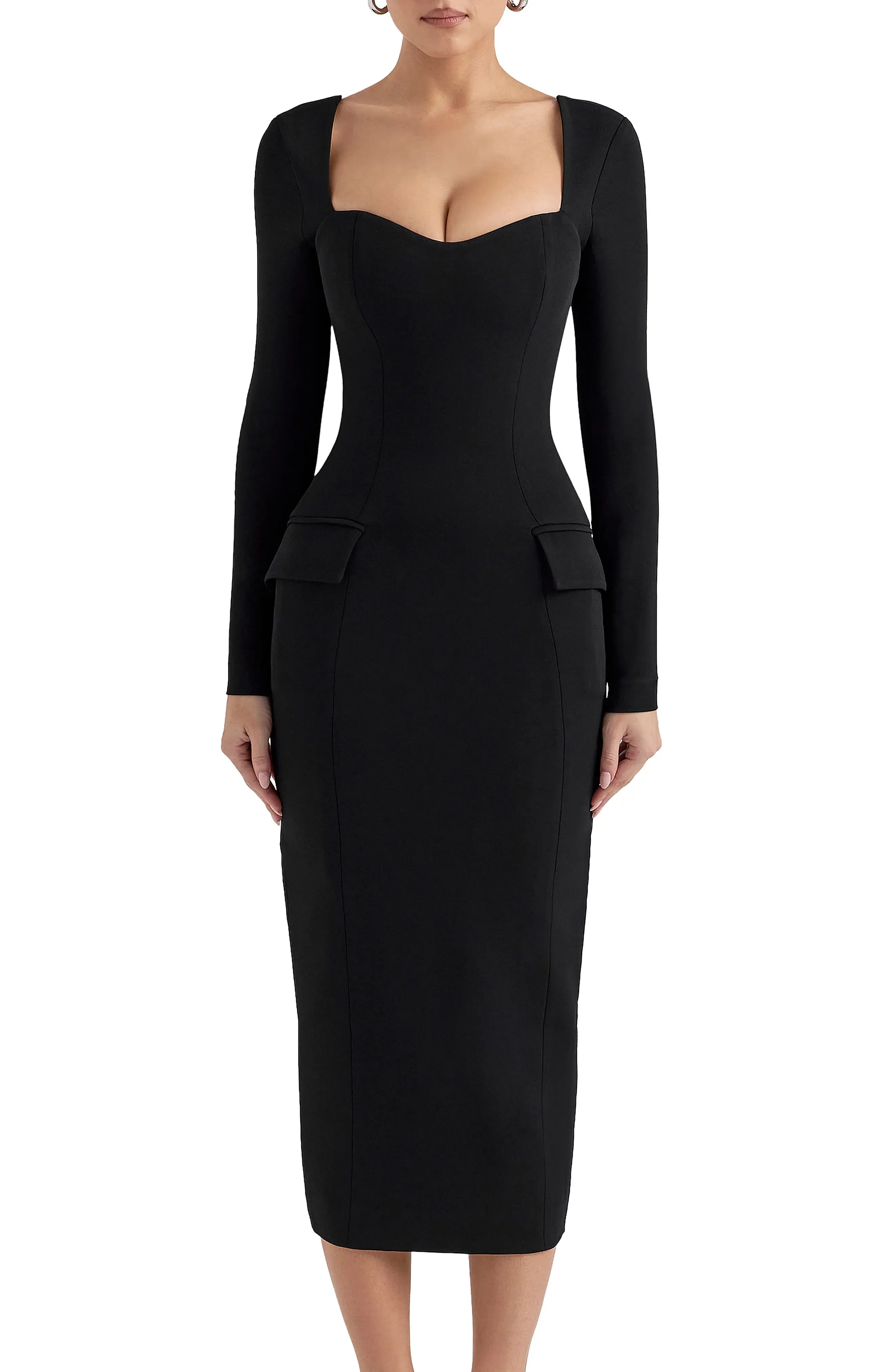 Pocket Detailed Sheath Sweetheart Neck Long Sleeve Square Back Midi Length For Adults Evening Dress