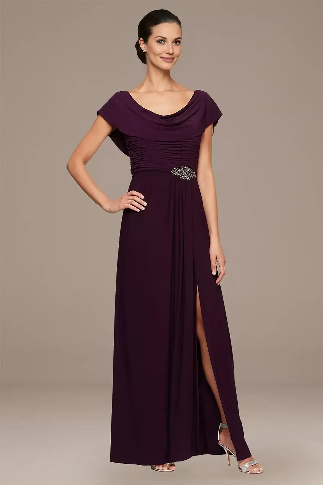 Polished A Line Cowl Neck Cap Sleeve Ruched Back Floor Length Mother of the Bride Dress