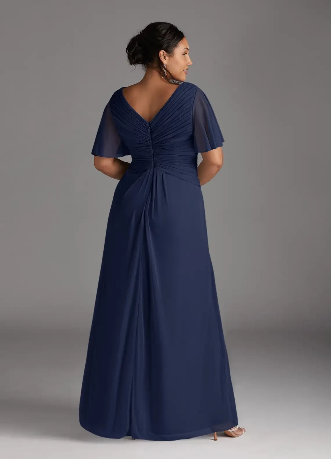 Polished Plus Size A Line V Neck Flutter Sleeve Pleated Back Floor Length Mother of the Bride Dress
