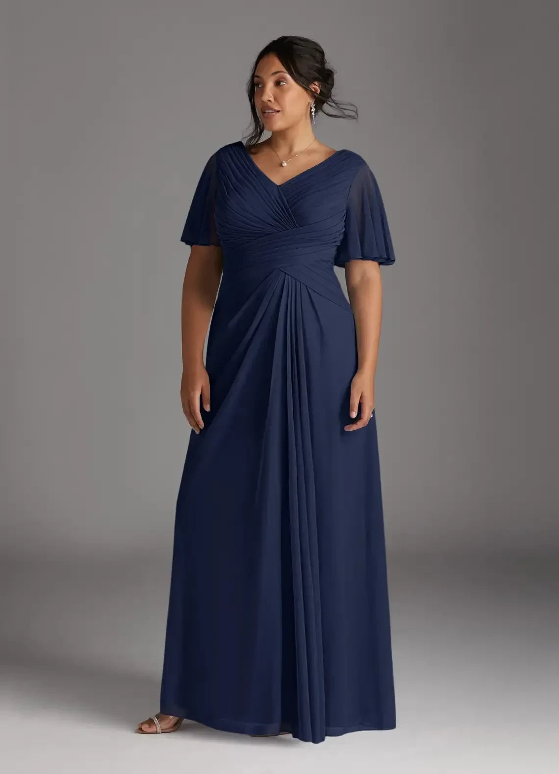 Polished Plus Size A Line V Neck Flutter Sleeve Pleated Back Floor Length Mother of the Bride Dress