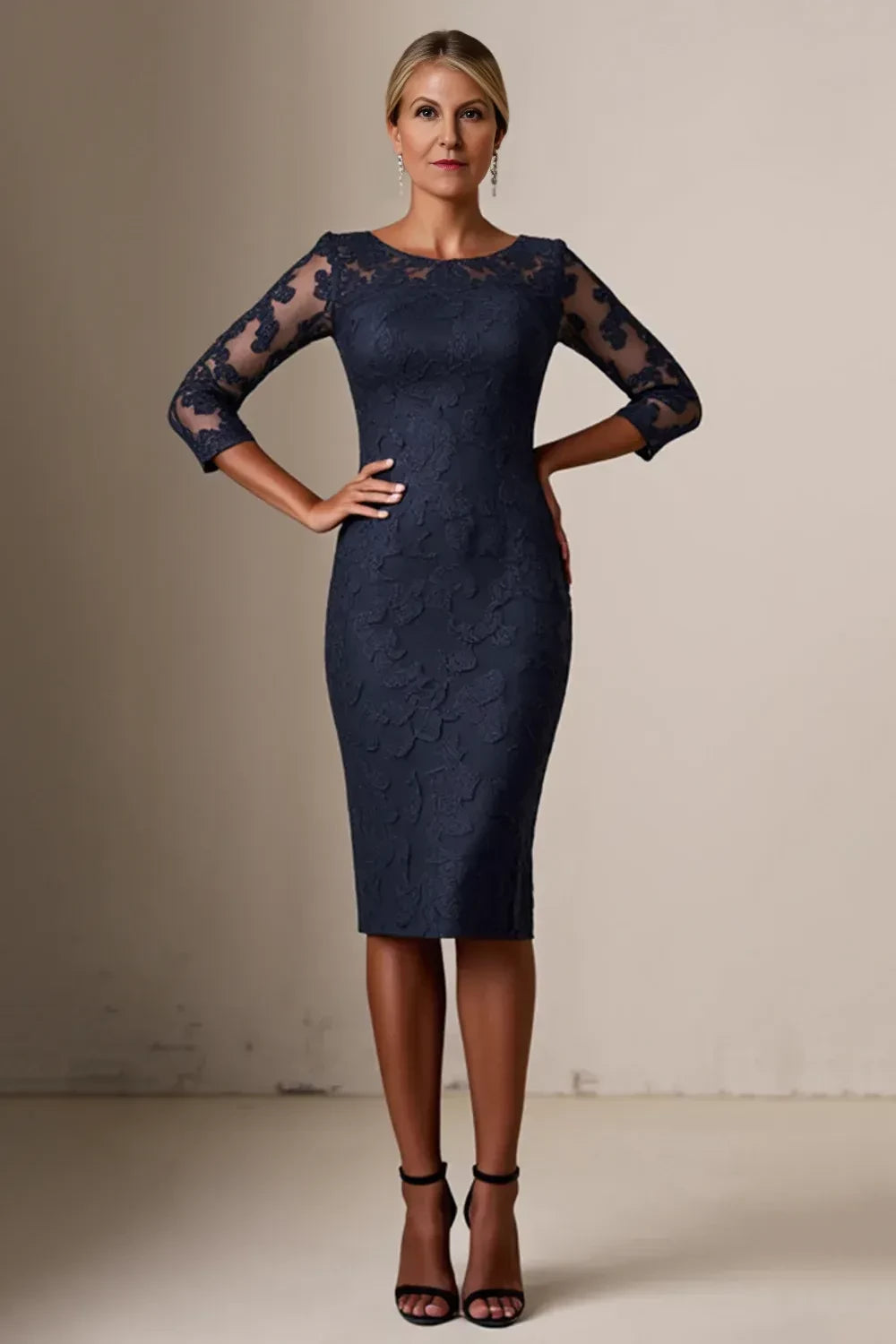 Polished Sheath Boat Neck Three Quarter Sleeve Lace Back Knee Length Mother of the Bride Dress