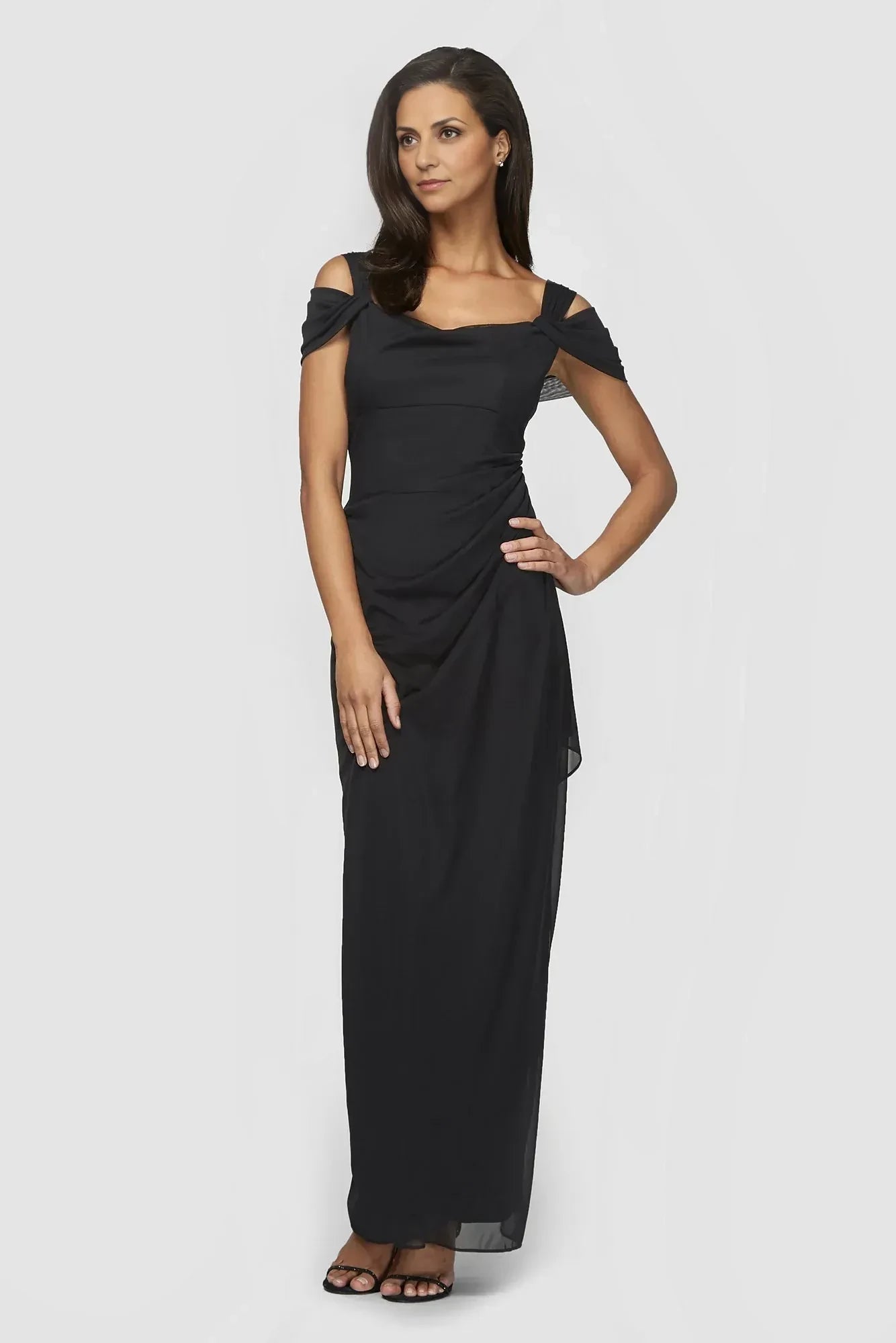 Polished Sheath Cold Shoulder Cap Sleeve Ruched Back Floor Length Mother of the Bride Dress
