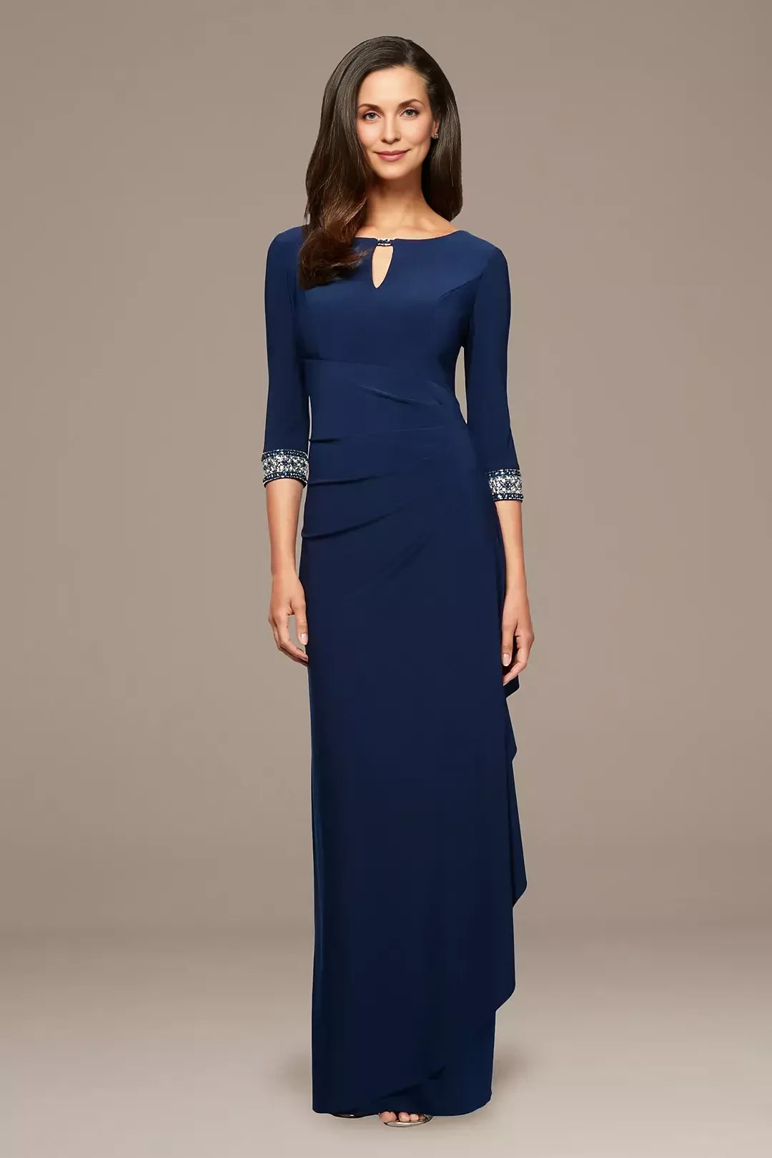 Polished Sheath Keyhole Neck Three Quarter Sleeve Beaded Cuff Back Floor Length Mother of the Bride Dress