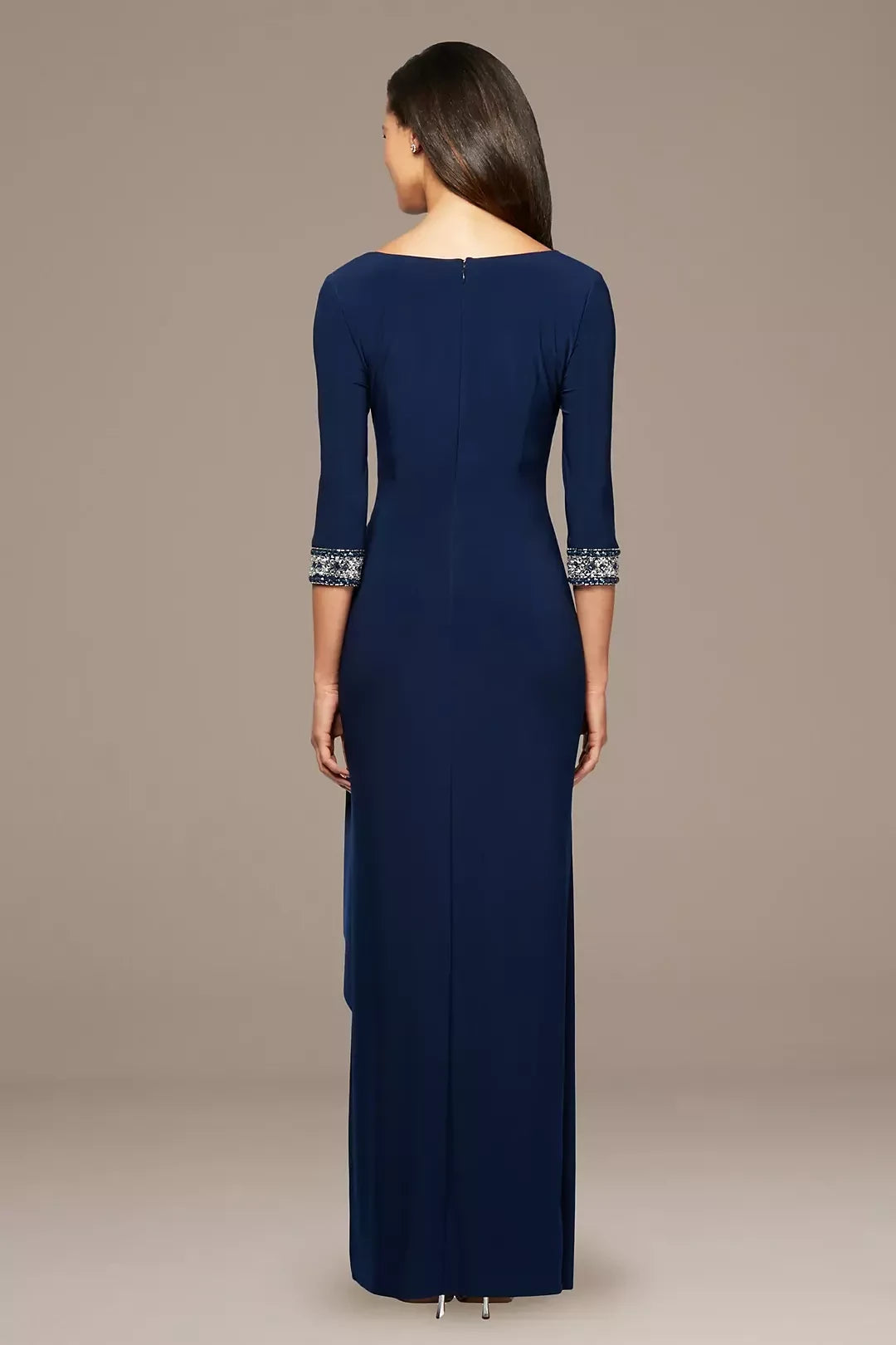 Polished Sheath Keyhole Neck Three Quarter Sleeve Beaded Cuff Back Floor Length Mother of the Bride Dress