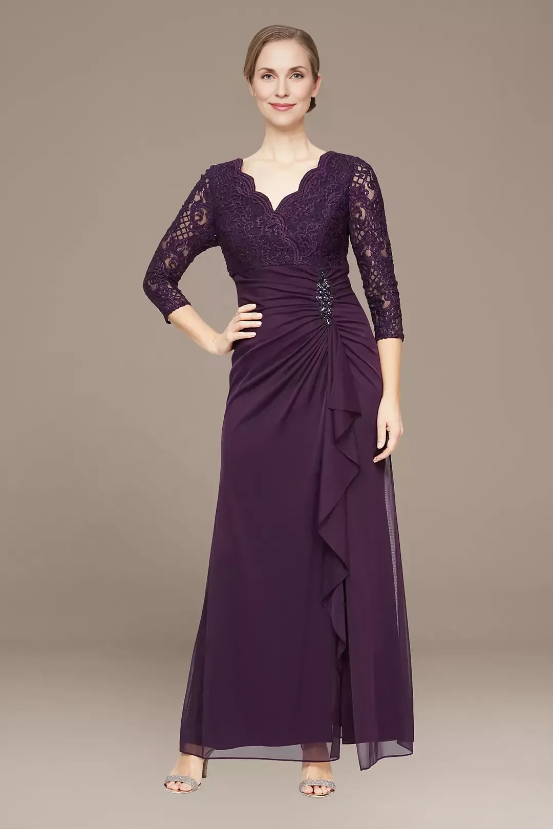 Polished Sheath V Neck Three Quarter Sleeve Lace Back Floor Length Mother of the Bride Dress