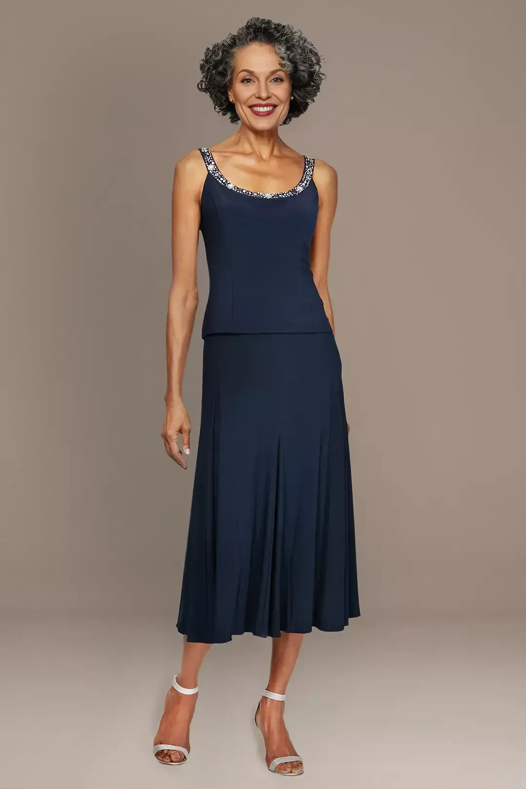 Polished Three Piece Scoop Neck Three Quarter Sleeve Plain Back Midi Length Mother of the Bride Dress