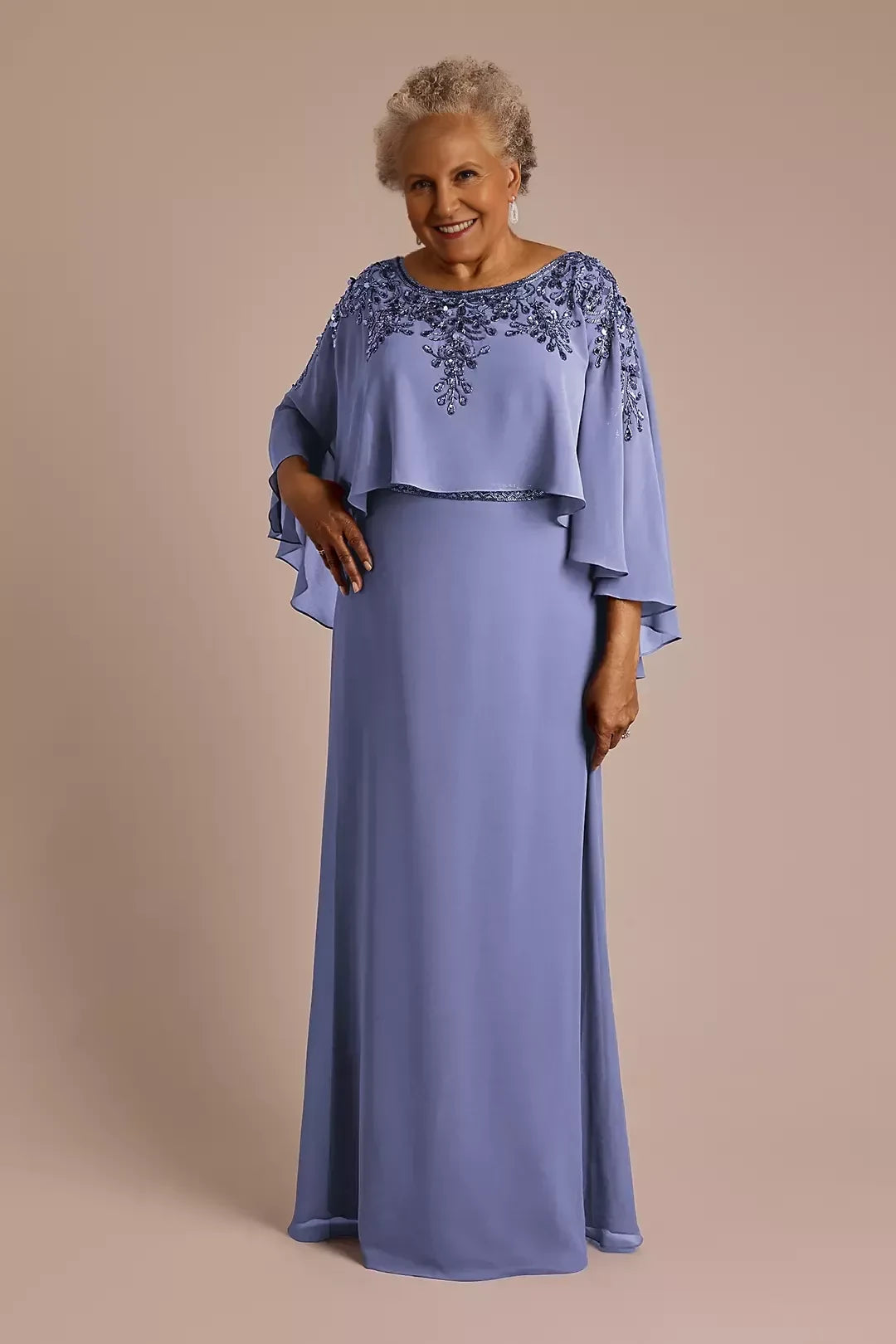 Polished Two Piece Crew Neck Cape Sleeve Beaded Back Floor Length Mother of the Bride Dress