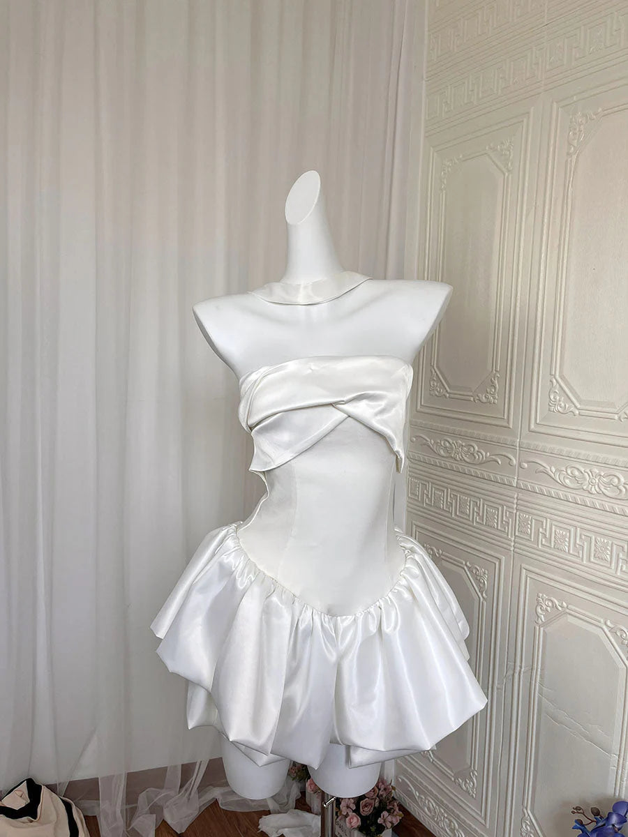 Pretty A Line Strapless White Satin Formal Homecoming Dresses 21st Birthday Outfits Graduation Dress Short Mini Night Cocktail Dresses