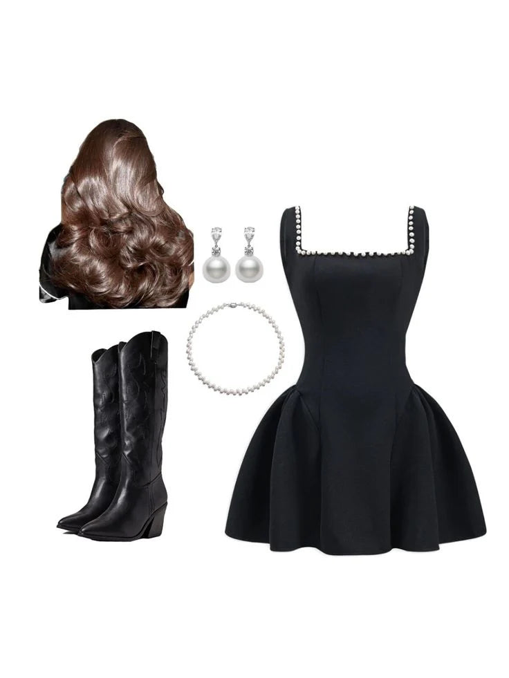 Pretty Ball Gown Square Neck Black Satin Formal Homecoming Dresses 21st Birthday Outfits Graduation Dress Short Mini Cocktail Dresses