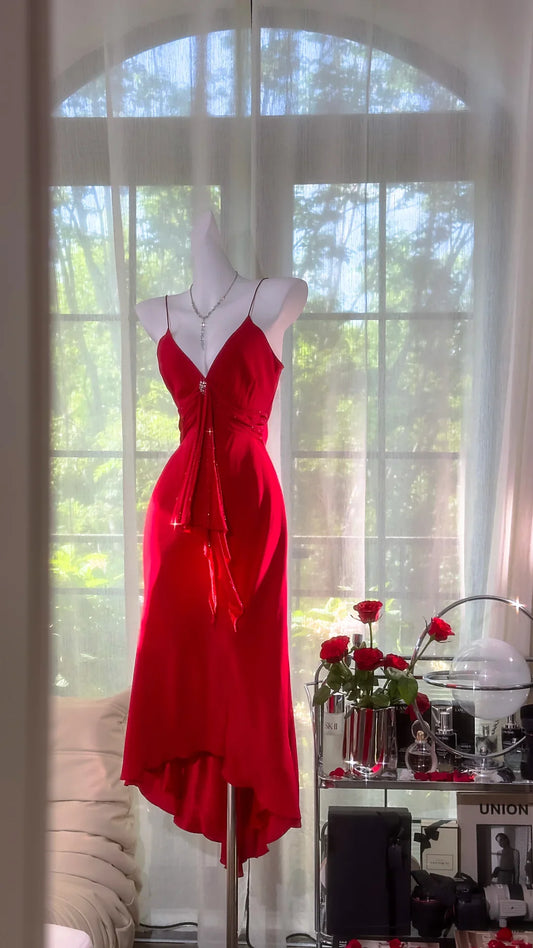 Pretty Red V Neck Chiffon Party Dress Spaghetti Straps Mermaid Birthday Prom Dress simple gentle atmospheric and unique desi Bring summer colors to enhance whiteness
