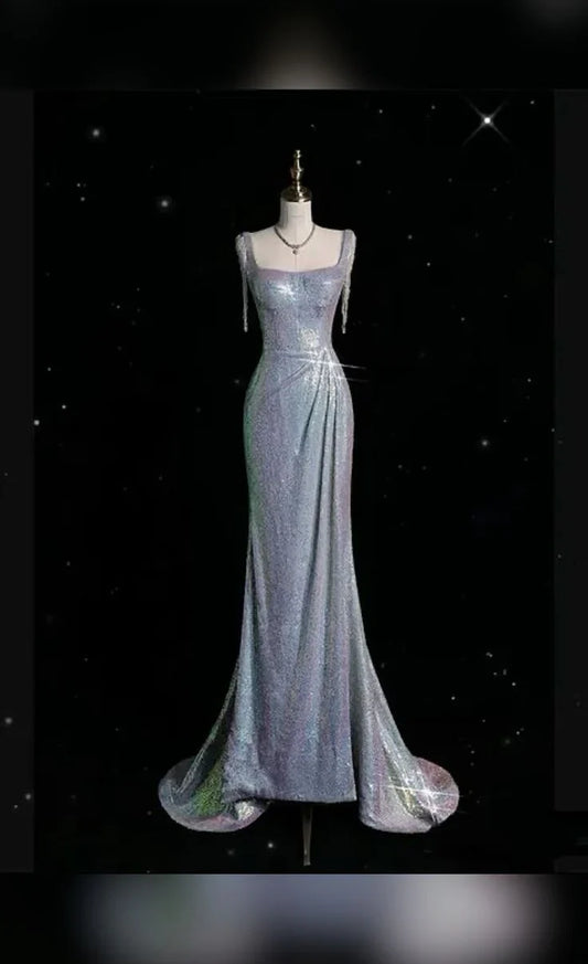 Pretty Sheath Square Neckline Sequins Long Ruffles Evening Dress Prom Dresses formal wear dresses simple gentle atmospheric and unique desi Bring summer colors to enhance whiteness