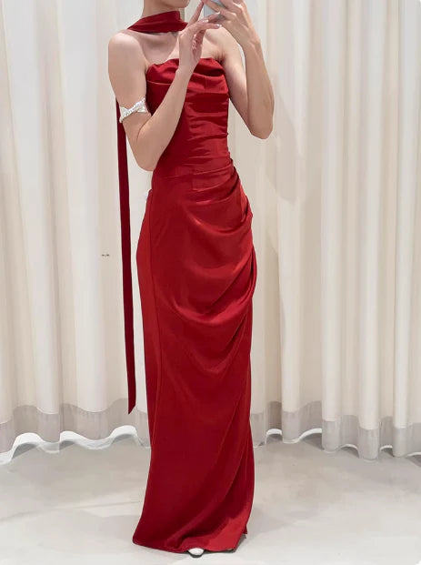 Pretty Sheath Strapless Burgundy Satin Prom Dresses Formal Summer Wedding Guest Dresses Wedding Guest Outfits With Scarf simple gentle atmospheric and unique desi Bring summer colors to enhance whiteness