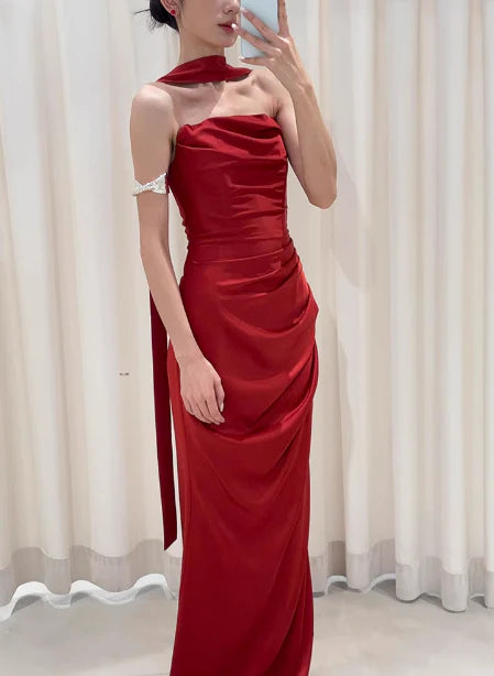 Pretty Sheath Strapless Burgundy Satin Prom Dresses Formal Summer Wedding Guest Dresses Wedding Guest Outfits With Scarf simple gentle atmospheric and unique desi Bring summer colors to enhance whiteness