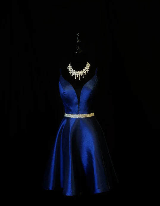 Pretty Spaghetti Straps Backless Homecoming Dress Royal Blue Satin Beaded Cocktail Dress  simple gentle atmospheric and unique desi Bring summer colors to enhance whiteness