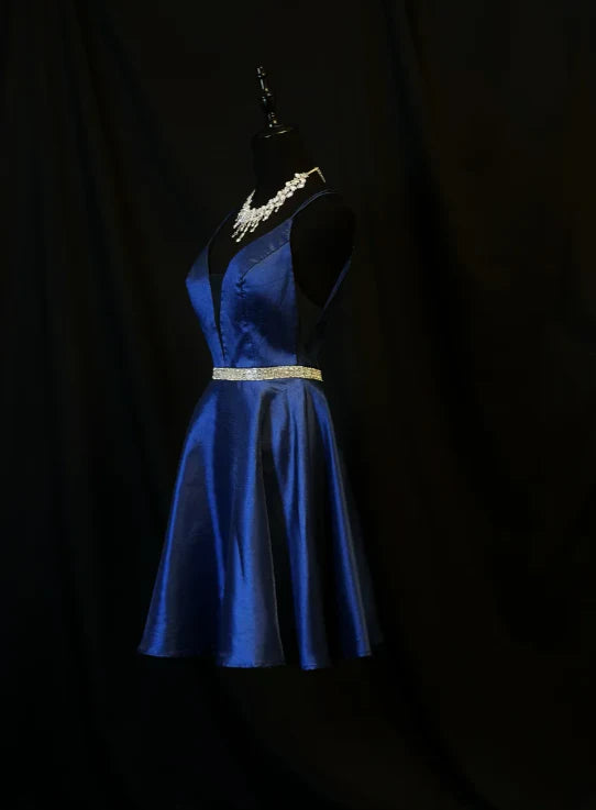 Pretty Spaghetti Straps Backless Homecoming Dress Royal Blue Satin Beaded Cocktail Dress  simple gentle atmospheric and unique desi Bring summer colors to enhance whiteness