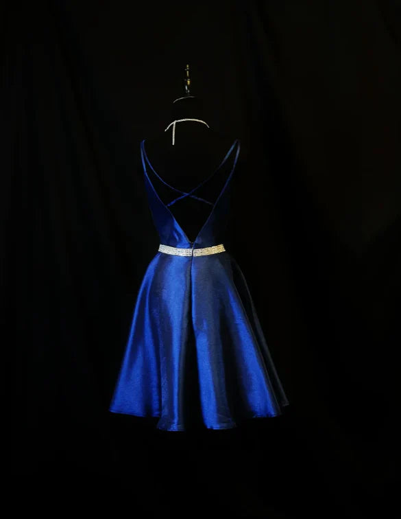 Pretty Spaghetti Straps Backless Homecoming Dress Royal Blue Satin Beaded Cocktail Dress  simple gentle atmospheric and unique desi Bring summer colors to enhance whiteness