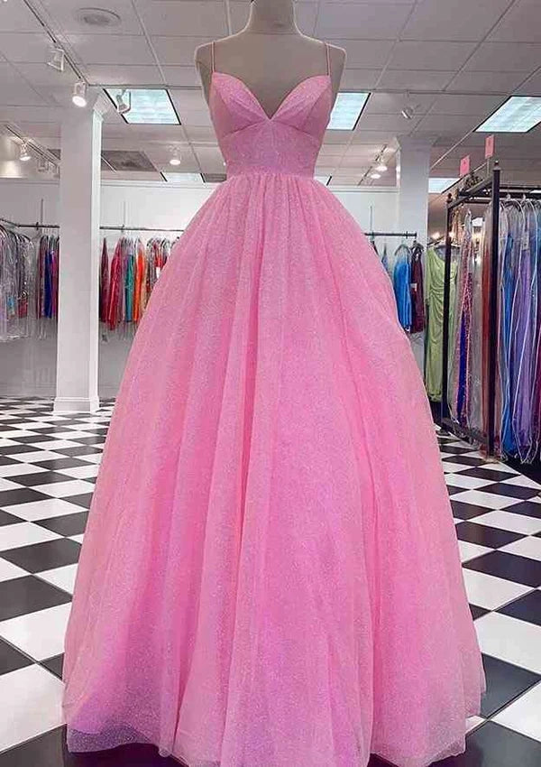 Princess A-Line V-Neck Spaghetti Strap Tulle Glitter Prom Dress/Evening Dress Simple gentle atmospheric and unique design  ﻿