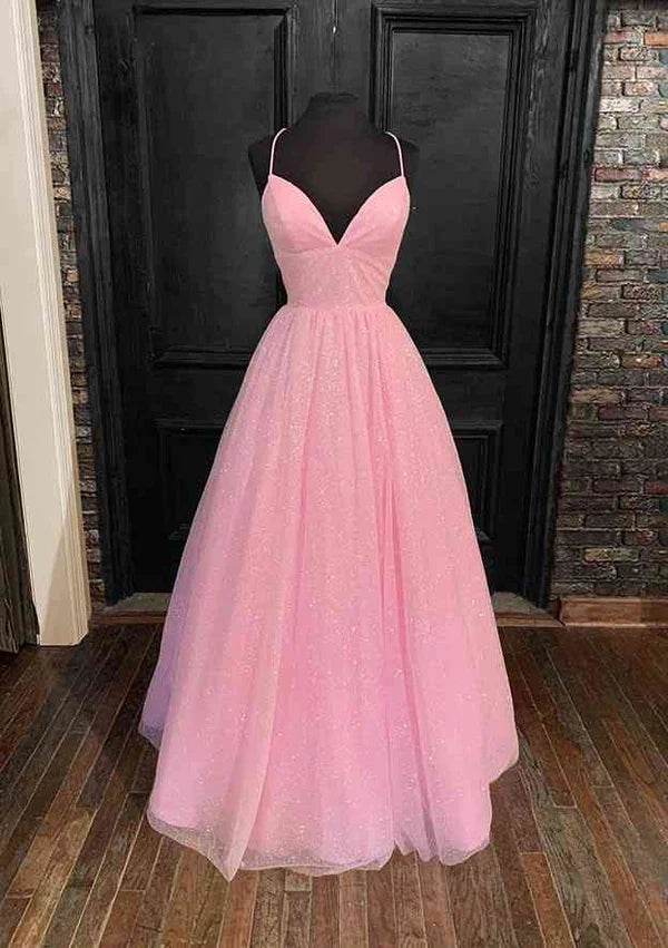 Princess A-Line V-Neck Spaghetti Strap Tulle Glitter Prom Dress/Evening Dress Simple gentle atmospheric and unique design  ﻿