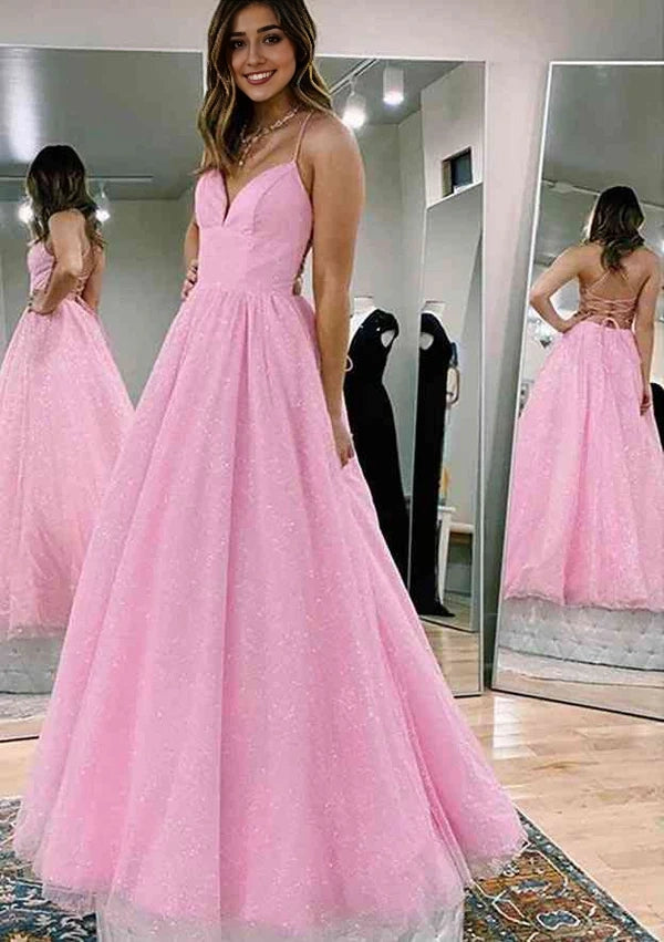 Princess A-Line V-Neck Spaghetti Strap Tulle Glitter Prom Dress/Evening Dress Simple gentle atmospheric and unique design  ﻿