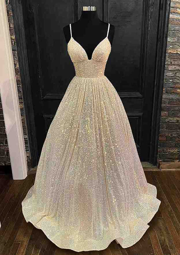 Princess A-Line V-Neck Spaghetti Straps Long/Floor-Length Sequined Prom Dress/Evening Dress With Pleated Simple gentle atmospheric and unique design