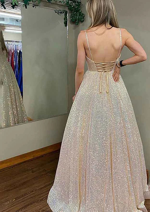 Princess A-Line V-Neck Spaghetti Straps Long/Floor-Length Sequined Prom Dress/Evening Dress With Pleated Simple gentle atmospheric and unique design