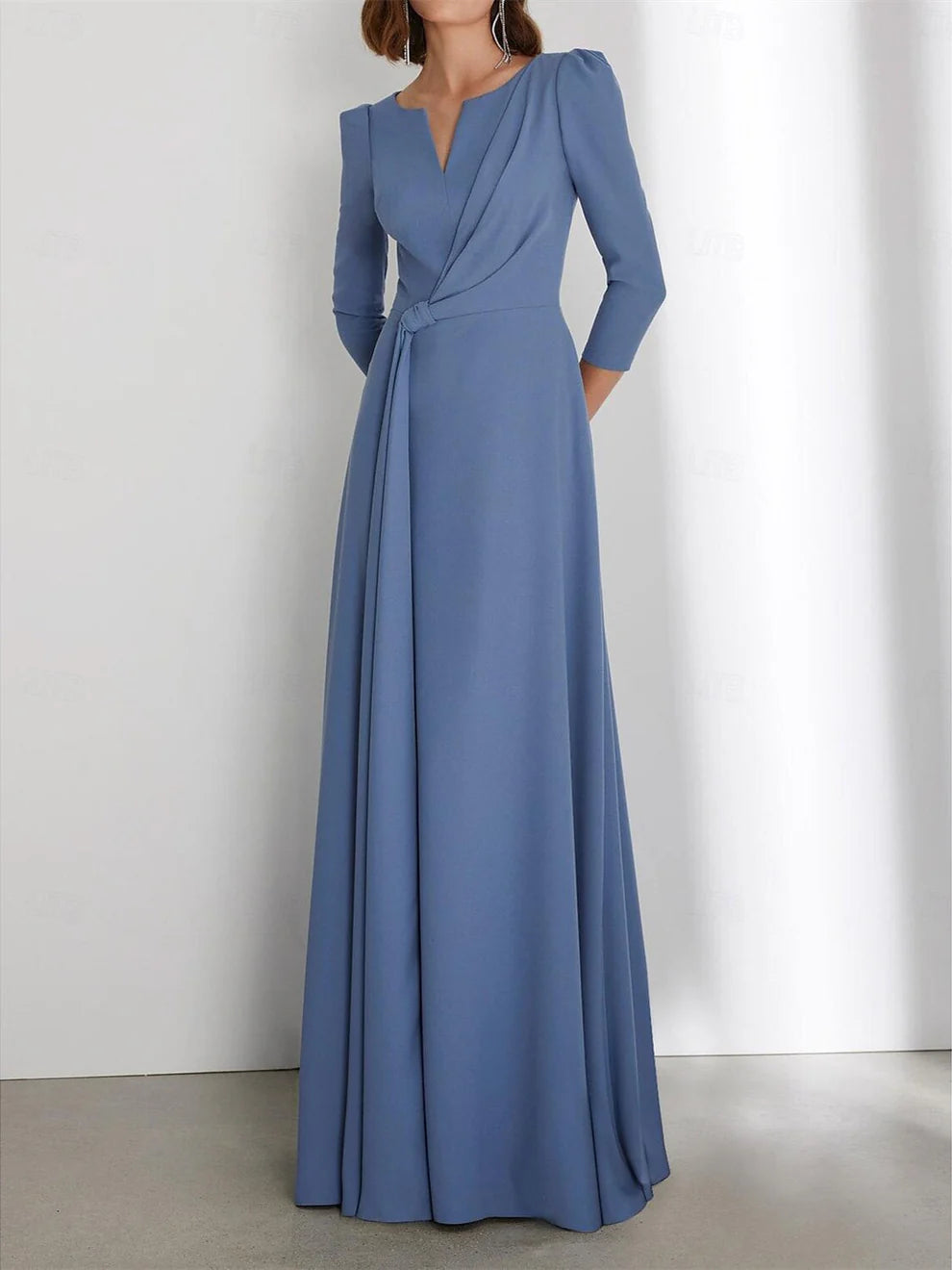 Princess Floor Length 3/4 Length Sleeve V Neck Wedding Guest Dresses with Criss Cross Ruched simple gentle atmospheric and unique desi Bring summer colors to enhance whiteness