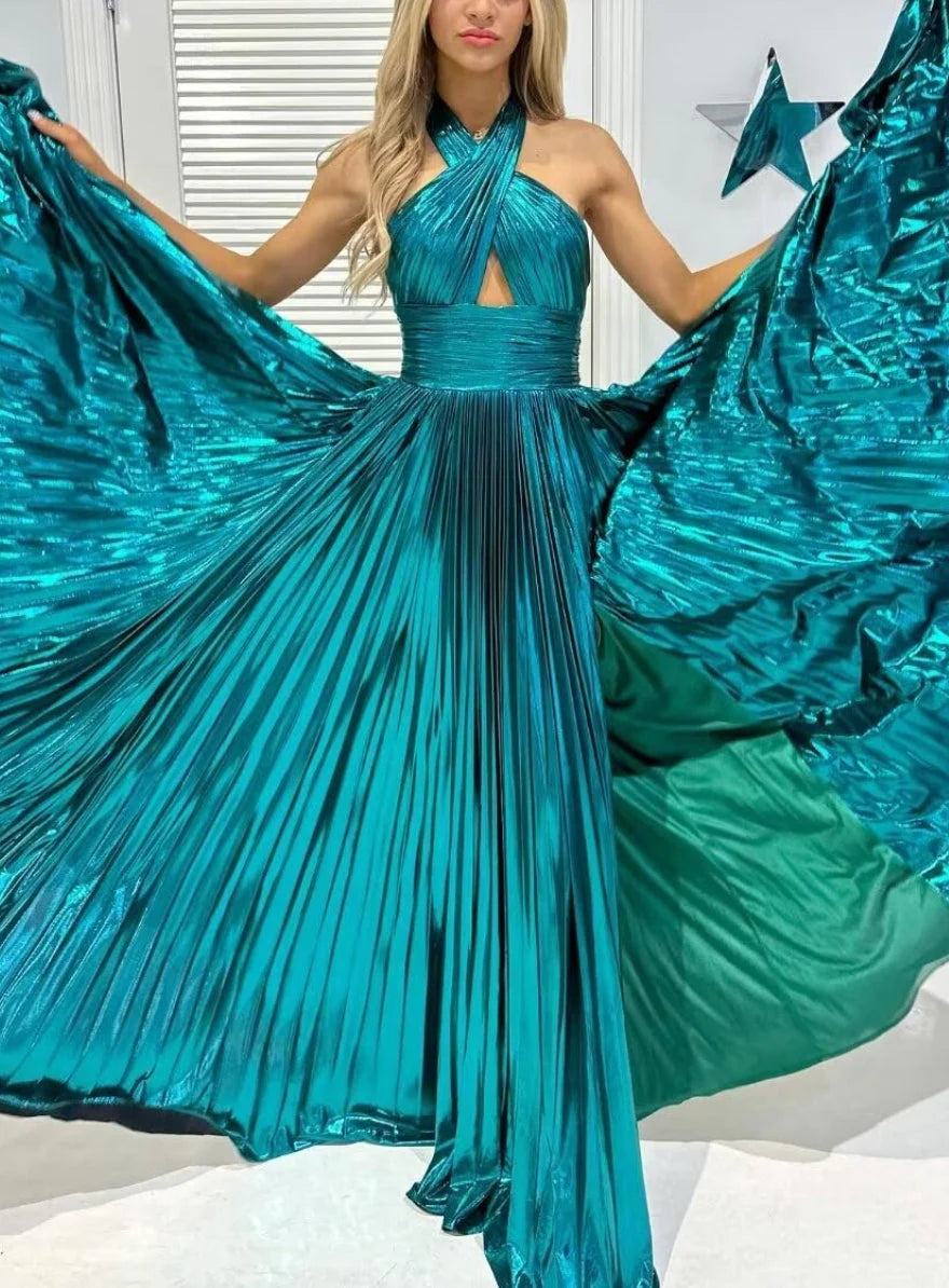 Princess Halter Sleeveless Floor-length Long Formal Evening Dresses with Split Side simple gentle atmospheric and unique desi Bring summer colors to enhance whiteness