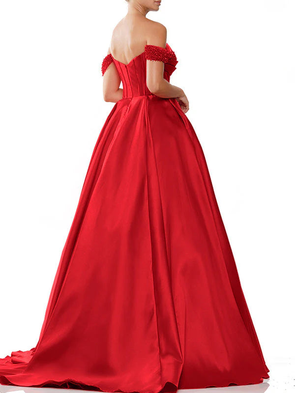 Princess Off-The-Shoulder Sleeveless Sweep Train Satin Evening Dresses simple gentle atmospheric and unique desi Bring summer colors to enhance whiteness