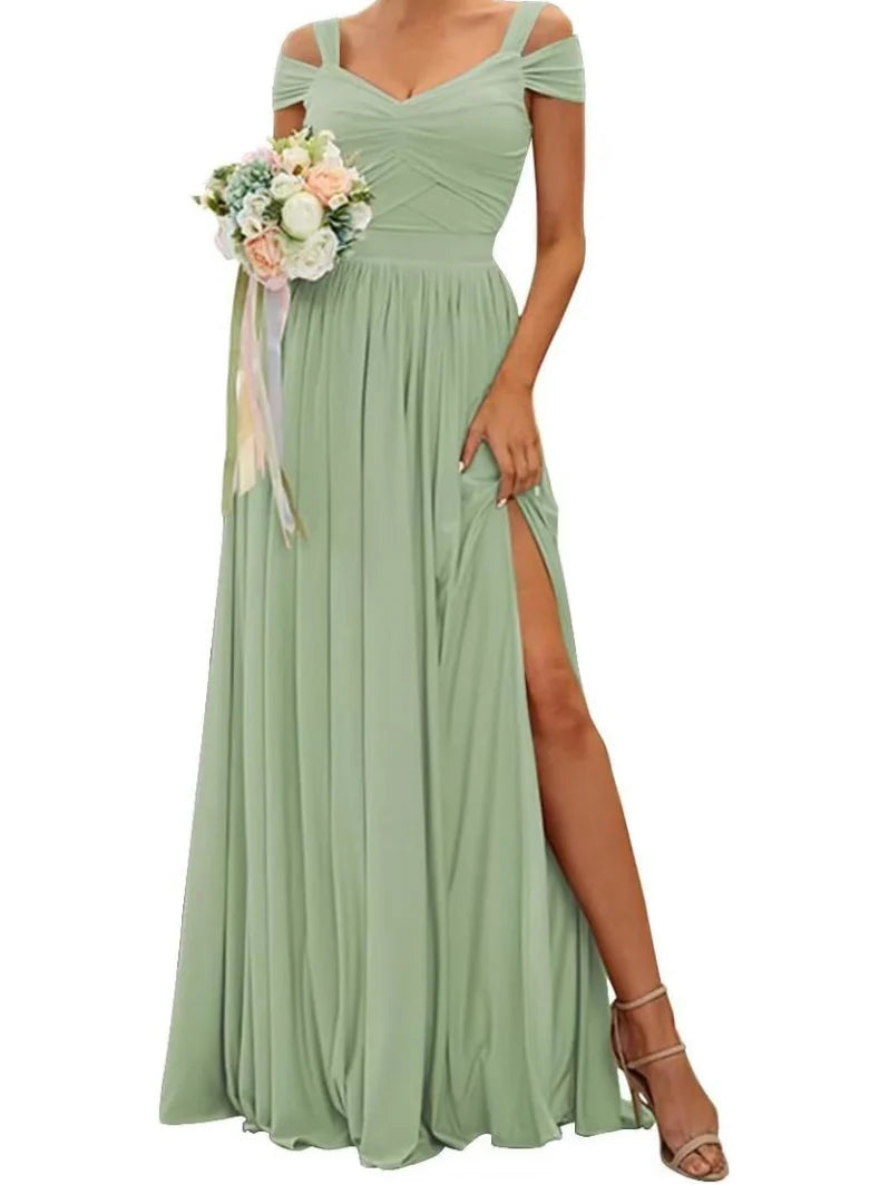 Princess Off-the-Shoulder Floor-Length Bridesmaid Dresses with Slit simple gentle atmospheric and unique desi Bring summer colors to enhance whiteness