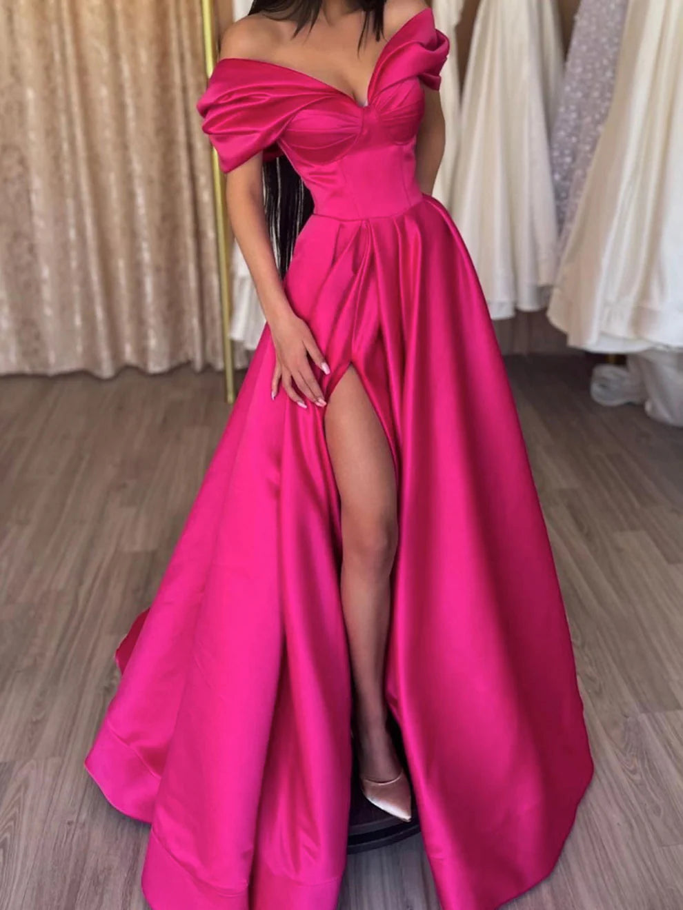 Princess Off-the-Shoulder Long Prom Dresses With Split Side simple gentle atmospheric and unique desi Bring summer colors to enhance whiteness