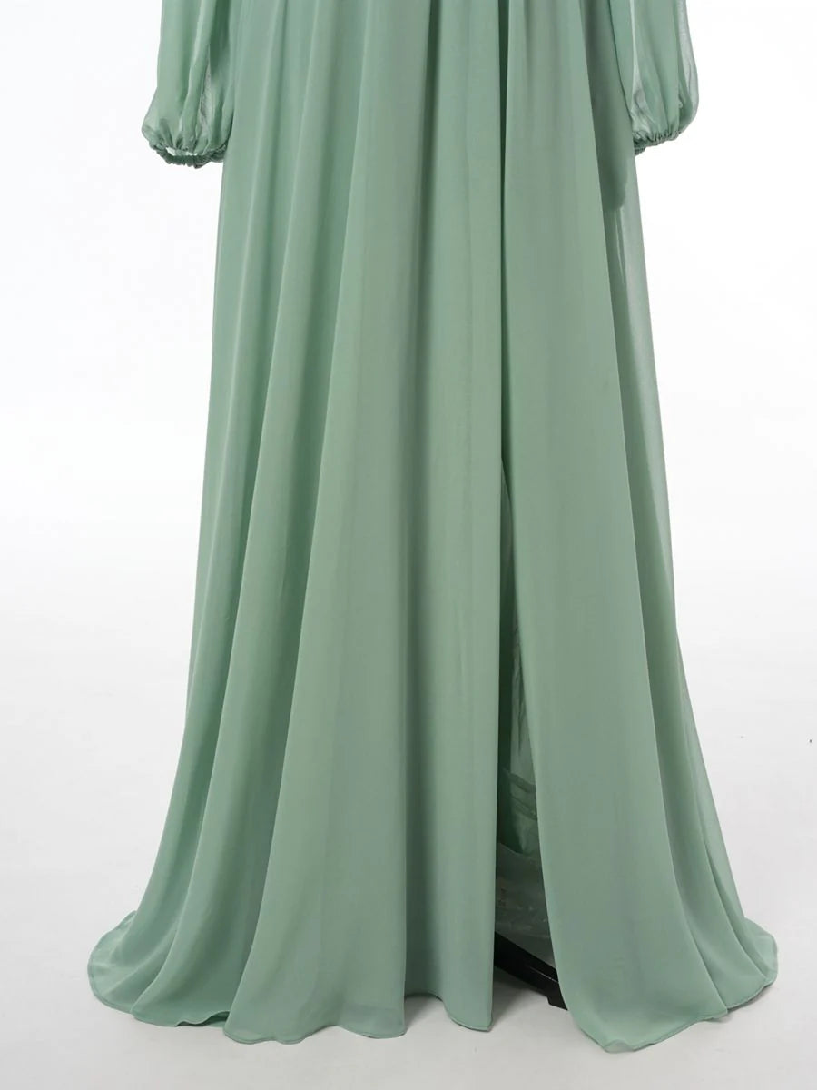 Princess Off-the-Shoulder Long Sleeves Bridesmaid Dresses with Split Side simple gentle atmospheric and unique desi Bring summer colors to enhance whiteness