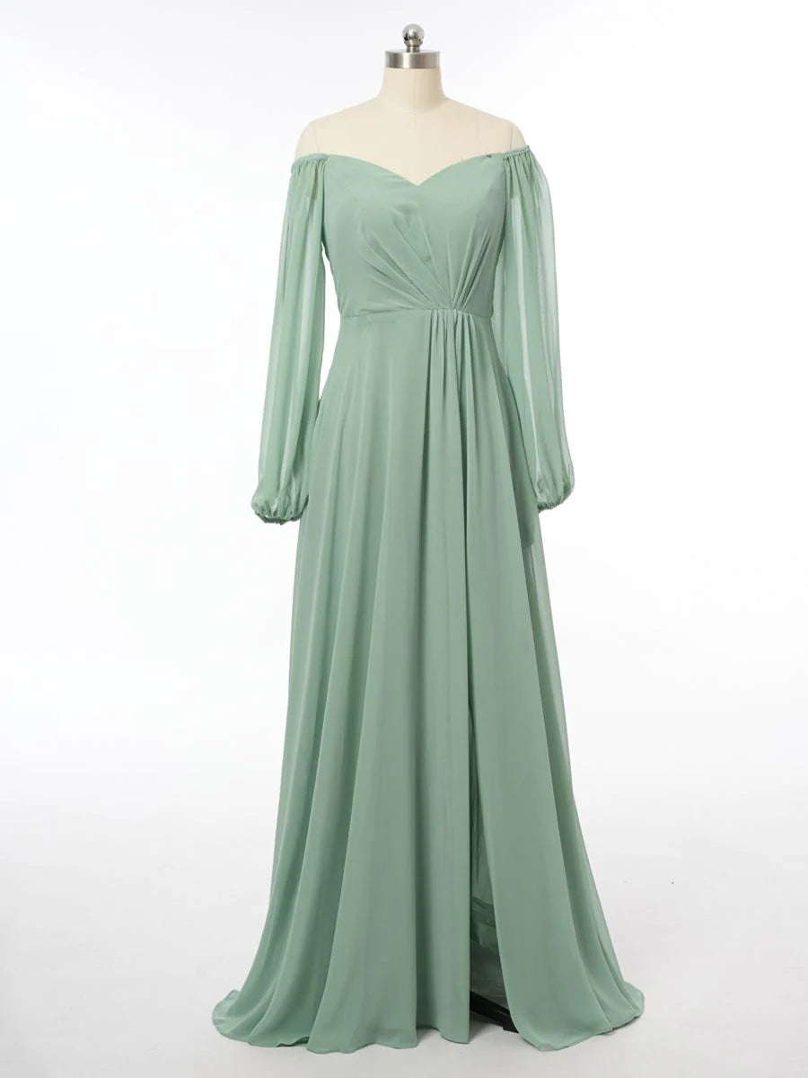 Princess Off-the-Shoulder Long Sleeves Bridesmaid Dresses with Split Side simple gentle atmospheric and unique desi Bring summer colors to enhance whiteness