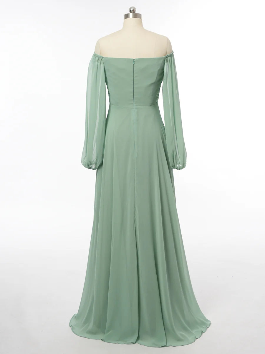 Princess Off-the-Shoulder Long Sleeves Bridesmaid Dresses with Split Side simple gentle atmospheric and unique desi Bring summer colors to enhance whiteness