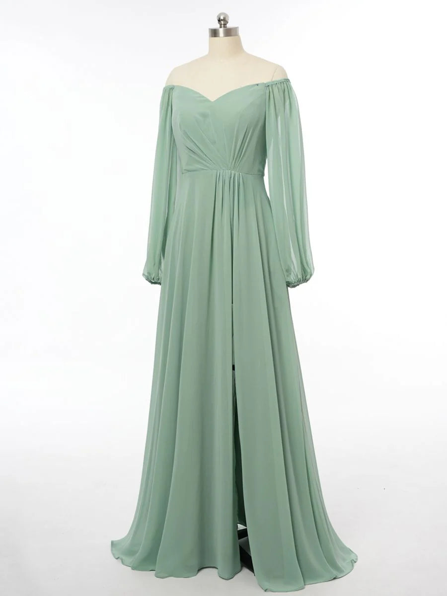 Princess Off-the-Shoulder Long Sleeves Bridesmaid Dresses with Split Side simple gentle atmospheric and unique desi Bring summer colors to enhance whiteness