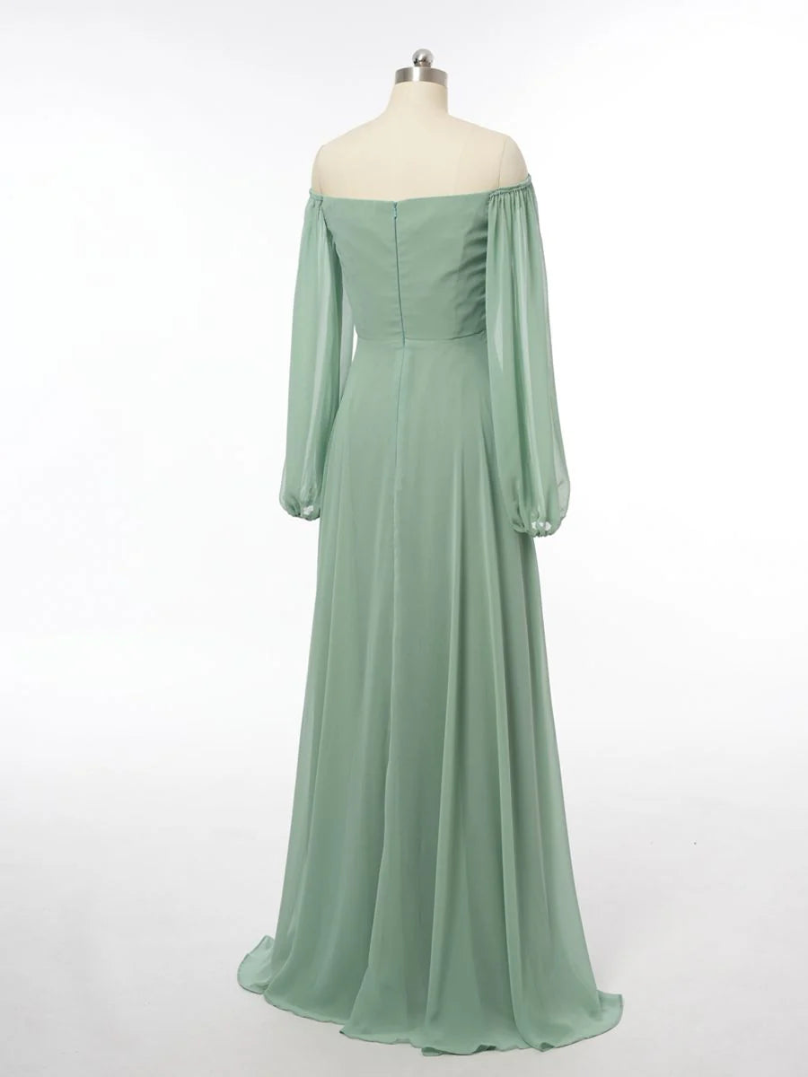 Princess Off-the-Shoulder Long Sleeves Bridesmaid Dresses with Split Side simple gentle atmospheric and unique desi Bring summer colors to enhance whiteness