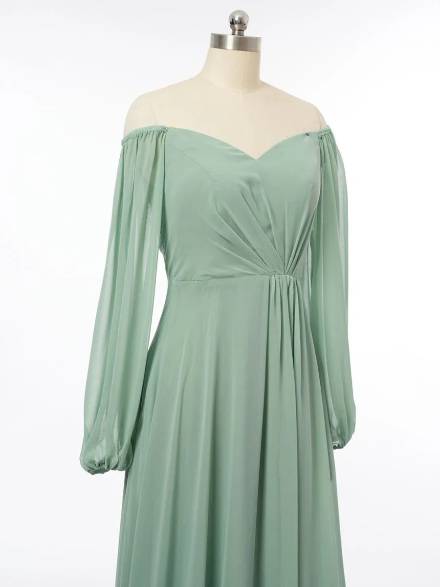 Princess Off-the-Shoulder Long Sleeves Bridesmaid Dresses with Split Side simple gentle atmospheric and unique desi Bring summer colors to enhance whiteness