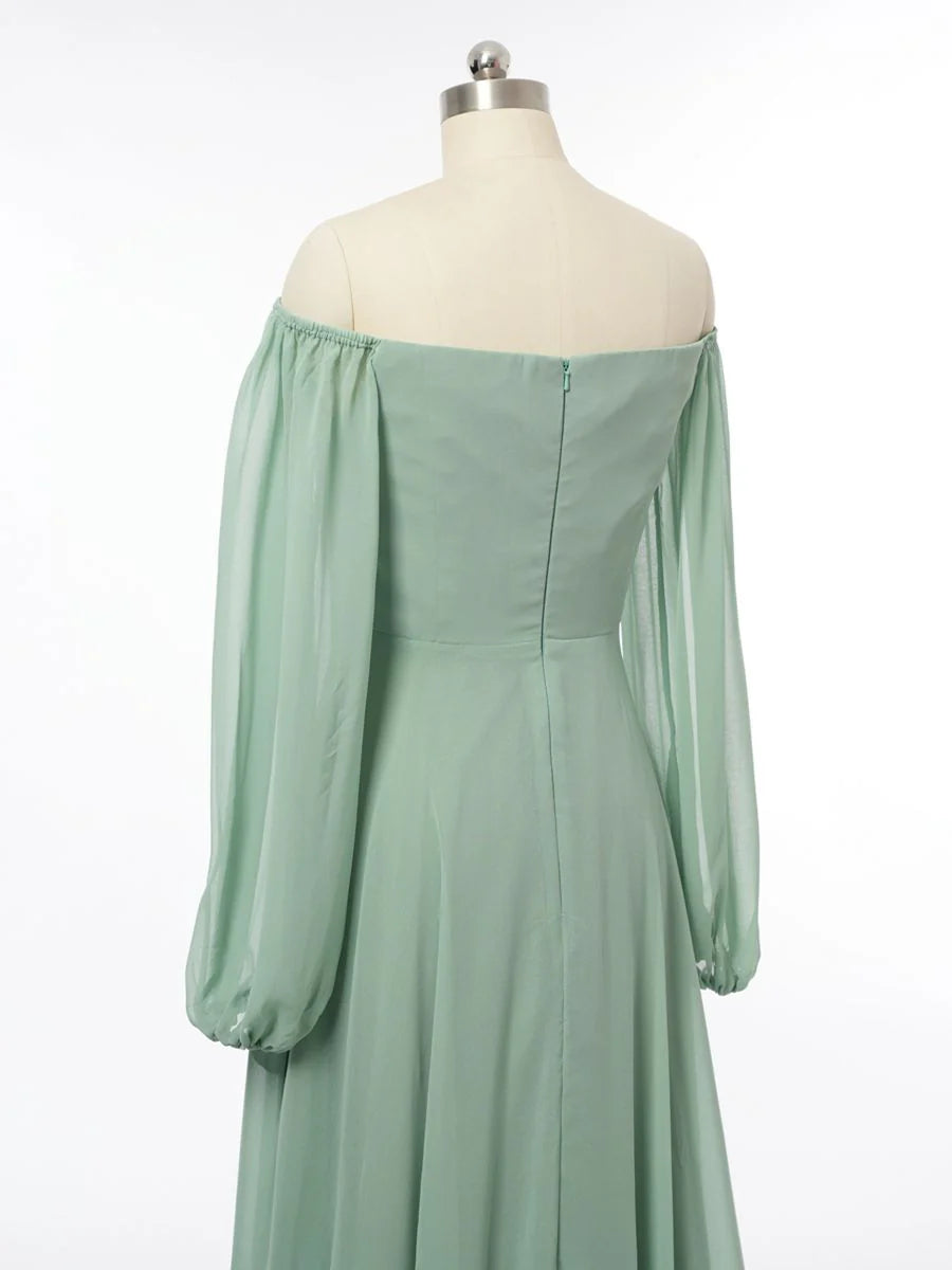 Princess Off-the-Shoulder Long Sleeves Bridesmaid Dresses with Split Side simple gentle atmospheric and unique desi Bring summer colors to enhance whiteness